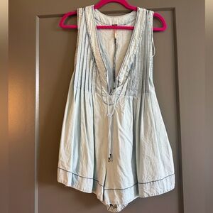 Free People Light Blue Pleated Jean Romper
